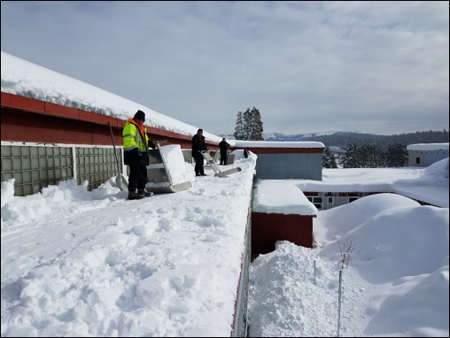 Tahoe-Truckee Unified School District Snow Load Retrofit Images - Snow removal crew responding to snow loads > 80% of snow capacity